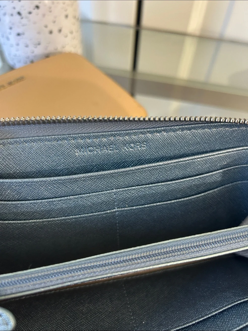 Michael Kors Blue Wallet and Tan Wristlet Set